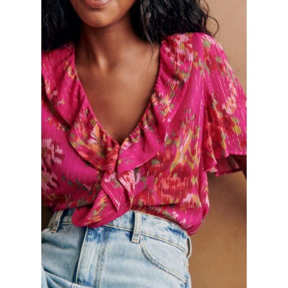 NWT Sezane Jasmine Blouse in Helena Fuchsia Pink Floral Sheer Chiffon Top 34 / 2